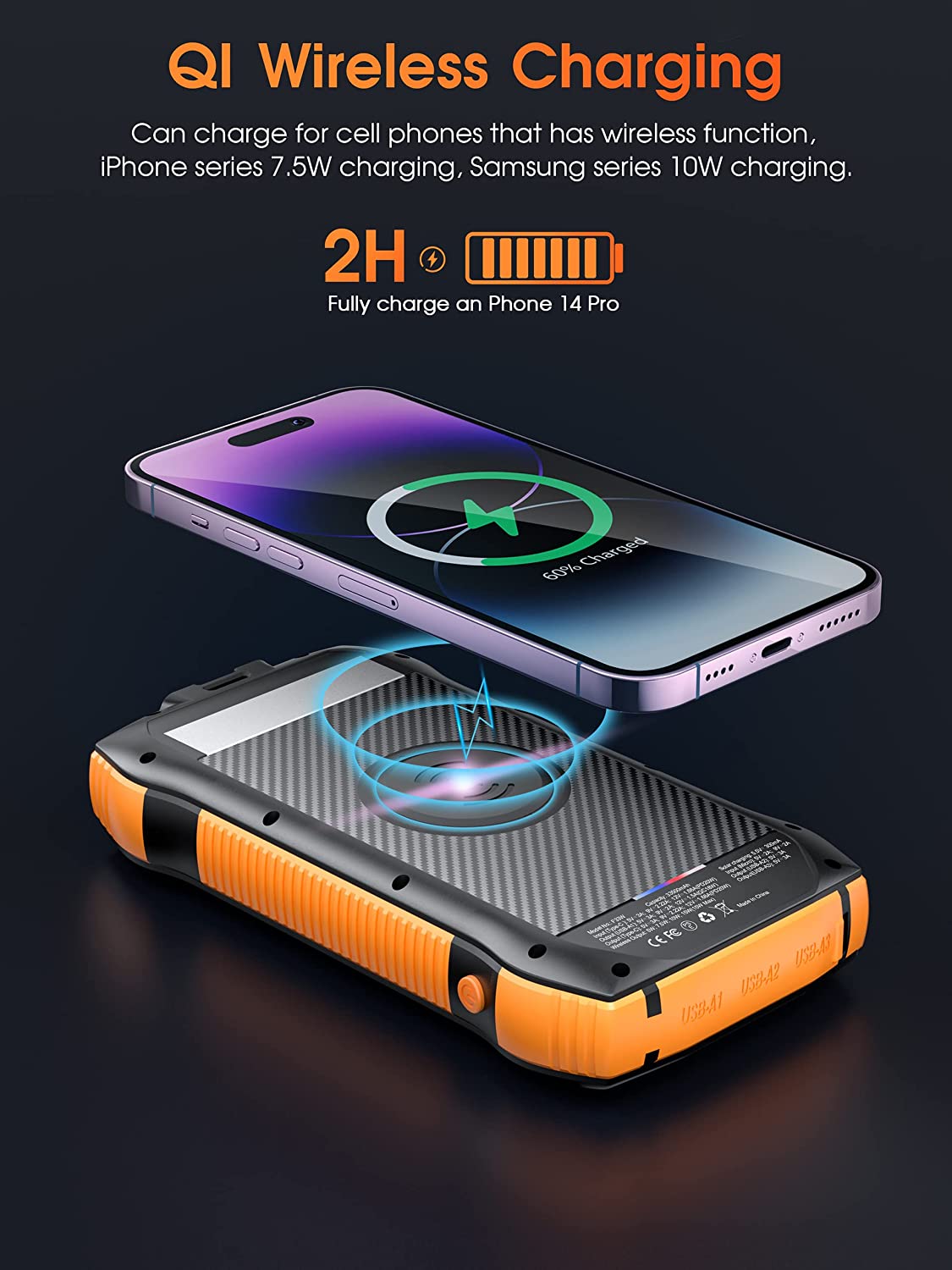 ZHAM Solar Power Bank, Portable Charger 33500 mAh PD 20W & QC3.0 18W & Wireless 10W with 5 Outputs 2 Inputs Fast Charging IP67 Waterproof 6W Bright LED Flashlight External Battery Pack Compatible with iPhone 14/13/12/11, Samsung Galaxy, iPad, Tablets