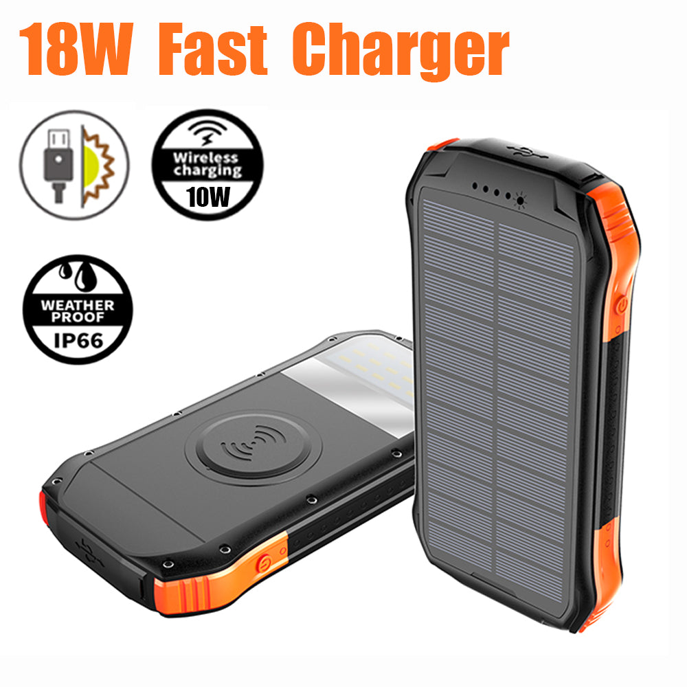 2020 Upgraded 18W QC3.0 & PD Fast Charger and 10W Qi Wireless Charge Portable Charger 16000mAh Solar Power Bank with 3 Output Ports IP66 Waterproof for iPhone 11/11Pro/11 Pro Max/XR/X/8/7 Plus, Galaxy S10/S9, MacBook Air, iPad Pro & More