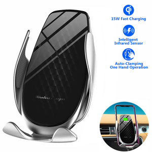 2020 Upgraded Wireless Car Charger 15W Max Fast Charging Car Mount, Infrared Sensor Auto-Clamping Smart Car Phone Holder Compatible with iPhone 11/11 Pro/11 Pro Max/XS/X/8, LG V30/V35, Samsung Note 10/S10+/S9,Huawei P30 Pro （Black Silver）