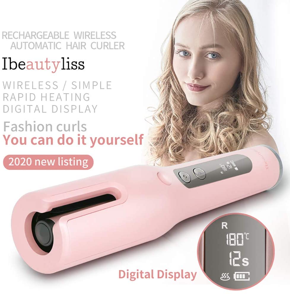 2020 Newest Wireless Automatic Hair Curler Cordless LED Display USB Rechargeable Auto Hair Beauty Tool For Different Curl Styles Anytime Anywhere(Pink)