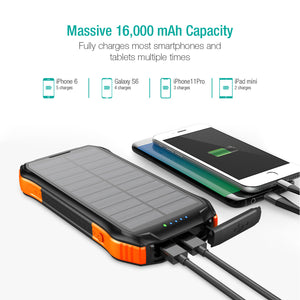 2020 Upgraded 18W QC3.0 & PD Fast Charger and 10W Qi Wireless Charge Portable Charger 16000mAh Solar Power Bank with 3 Output Ports IP66 Waterproof for iPhone 11/11Pro/11 Pro Max/XR/X/8/7 Plus, Galaxy S10/S9, MacBook Air, iPad Pro & More