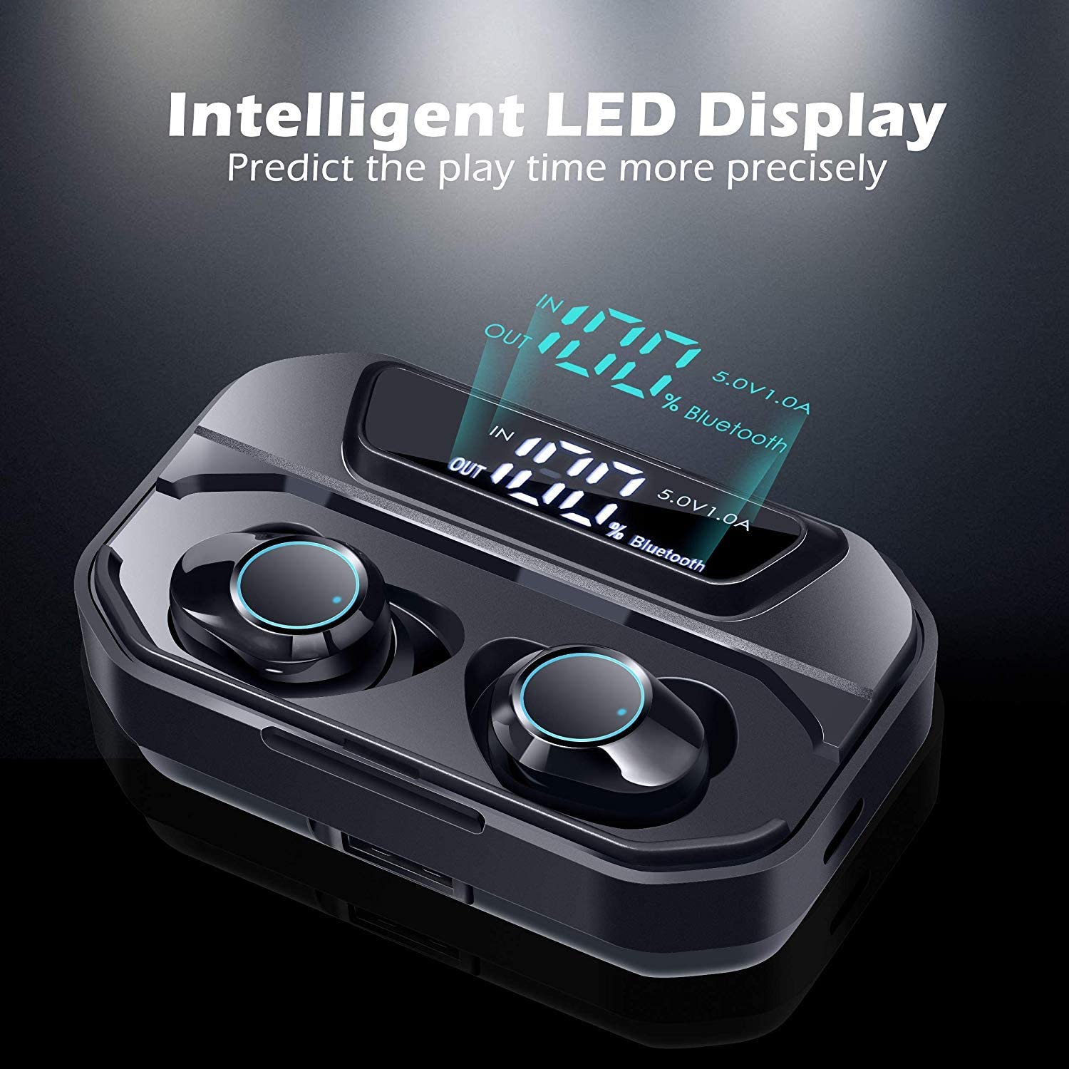 2020 Newest LED Display Bluetooth 5.0 Earphones with 125H Playtime IPX7 Waterproof and 6D Stereo Sound Built-in Mic with 3300mAh Charging Case (Black)