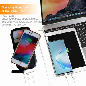 2020 Upgraded 18W QC3.0 & PD Fast Charger and 10W Qi Wireless Charge Portable Charger 16000mAh Solar Power Bank with 3 Output Ports IP66 Waterproof for iPhone 11/11Pro/11 Pro Max/XR/X/8/7 Plus, Galaxy S10/S9, MacBook Air, iPad Pro & More