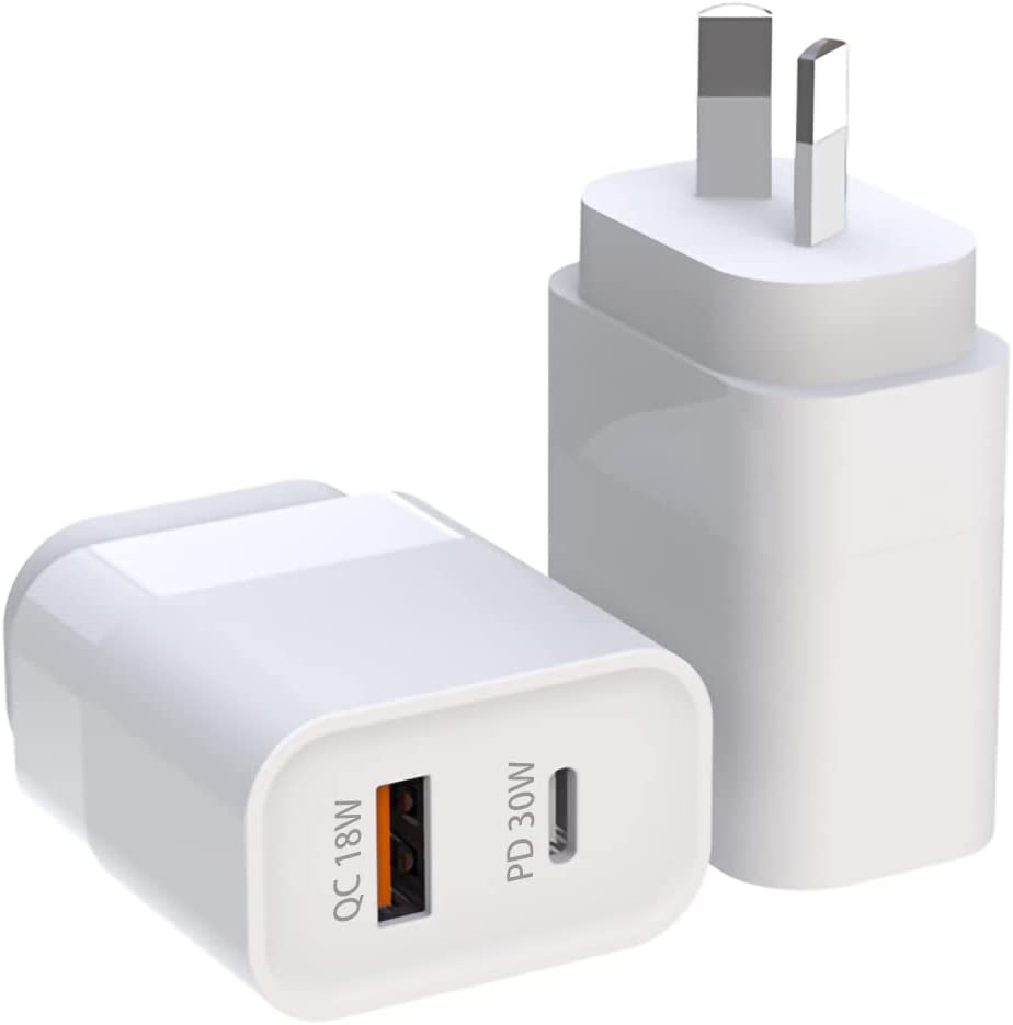 AU Plug USB C Charger 30W Fast Charger, 2-Port USB Wall Charger with PD 30W USB-C Port and QC3.0 18W USB-A Fast Charging Port Compatible with iPhone 14/13/12, MacBook, iPad, Galaxy S22/ S21 (White)