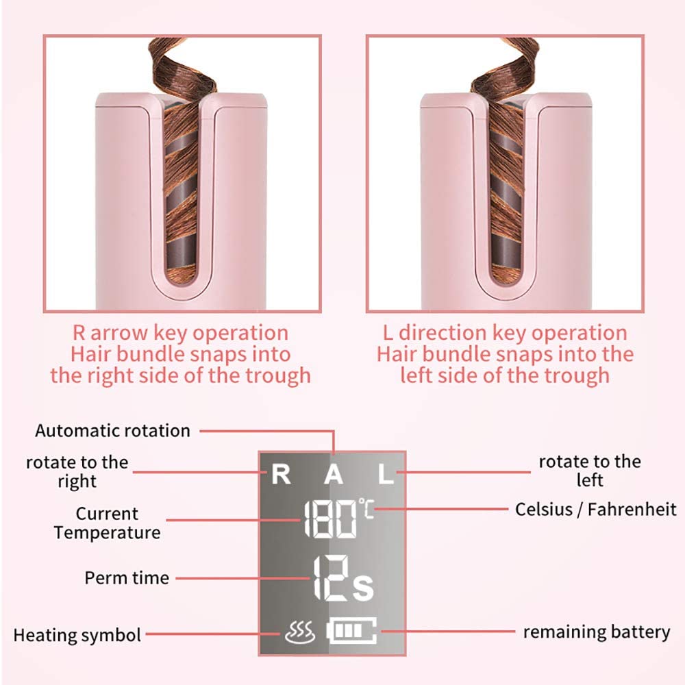 2020 Newest Wireless Automatic Hair Curler Cordless LED Display USB Rechargeable Auto Hair Beauty Tool For Different Curl Styles Anytime Anywhere(Pink)