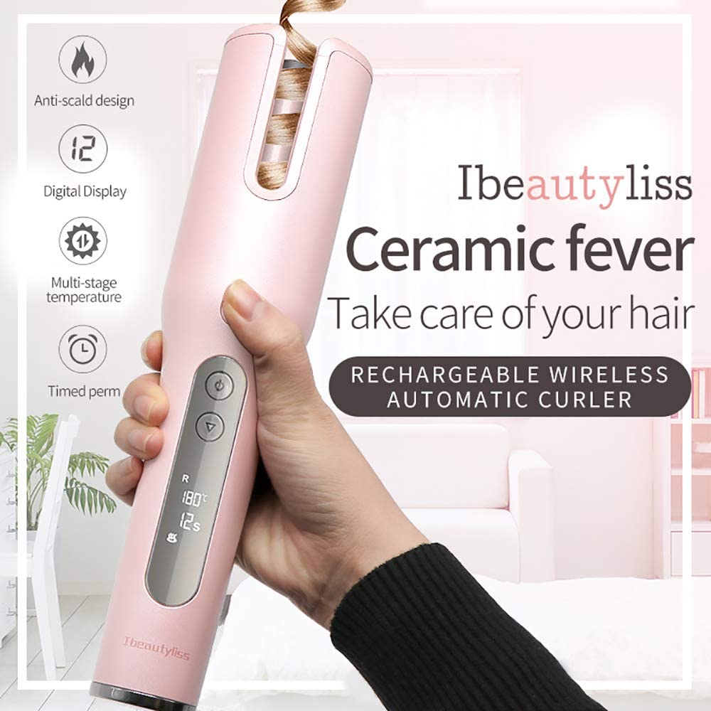 2020 Newest Wireless Automatic Hair Curler Cordless LED Display USB Rechargeable Auto Hair Beauty Tool For Different Curl Styles Anytime Anywhere(Pink)