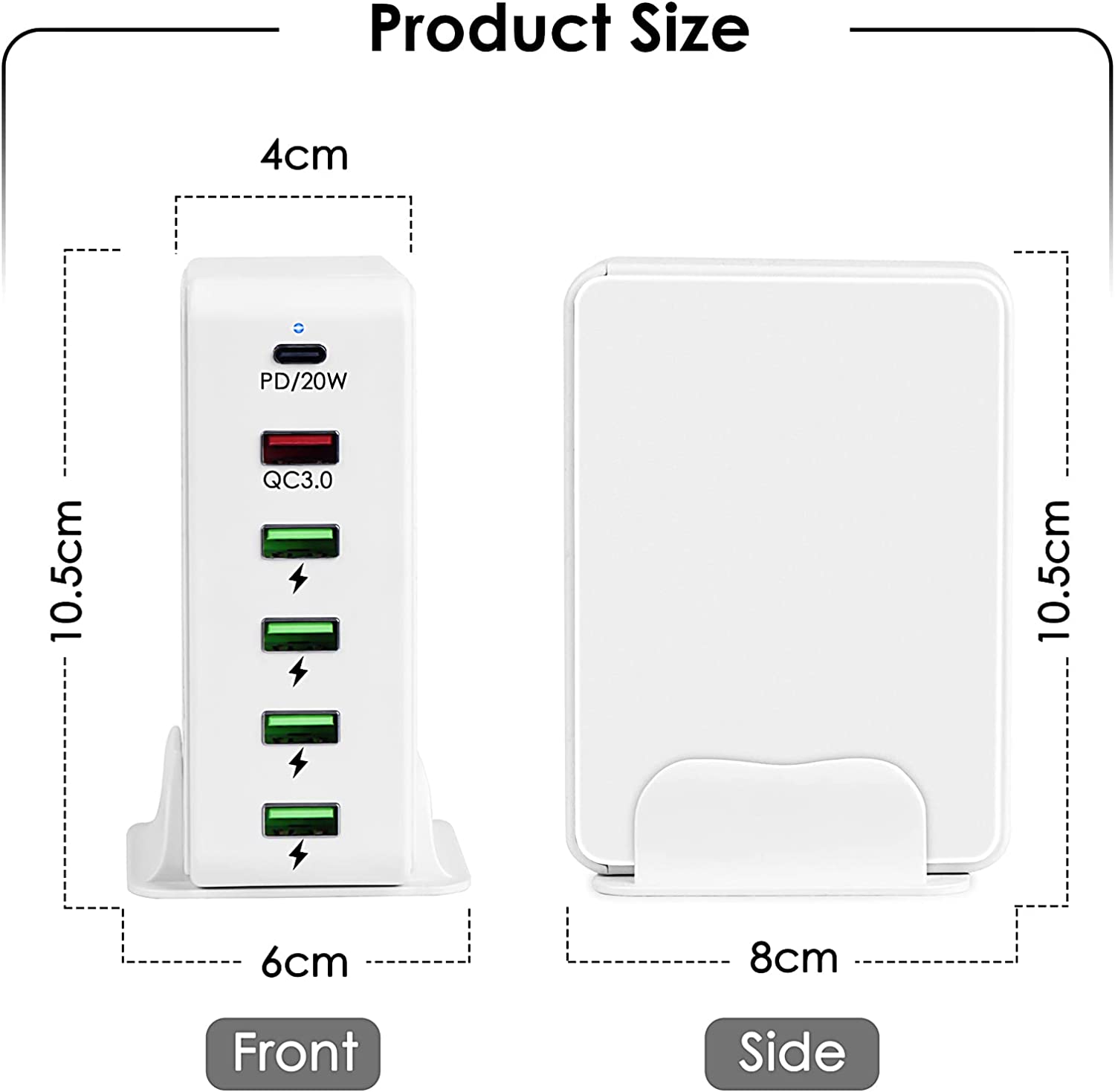 USB C Charger Dock, Total 65W 6-Port Wall Charger PD 20W + QC3.0 18W + 4X USB-A 5V/2.4A Charging Station Multi Ports Desktop Charger for iPhone 14/13/12/11, iPad, Galaxy S22/S21(AU Plug, 240V, White)