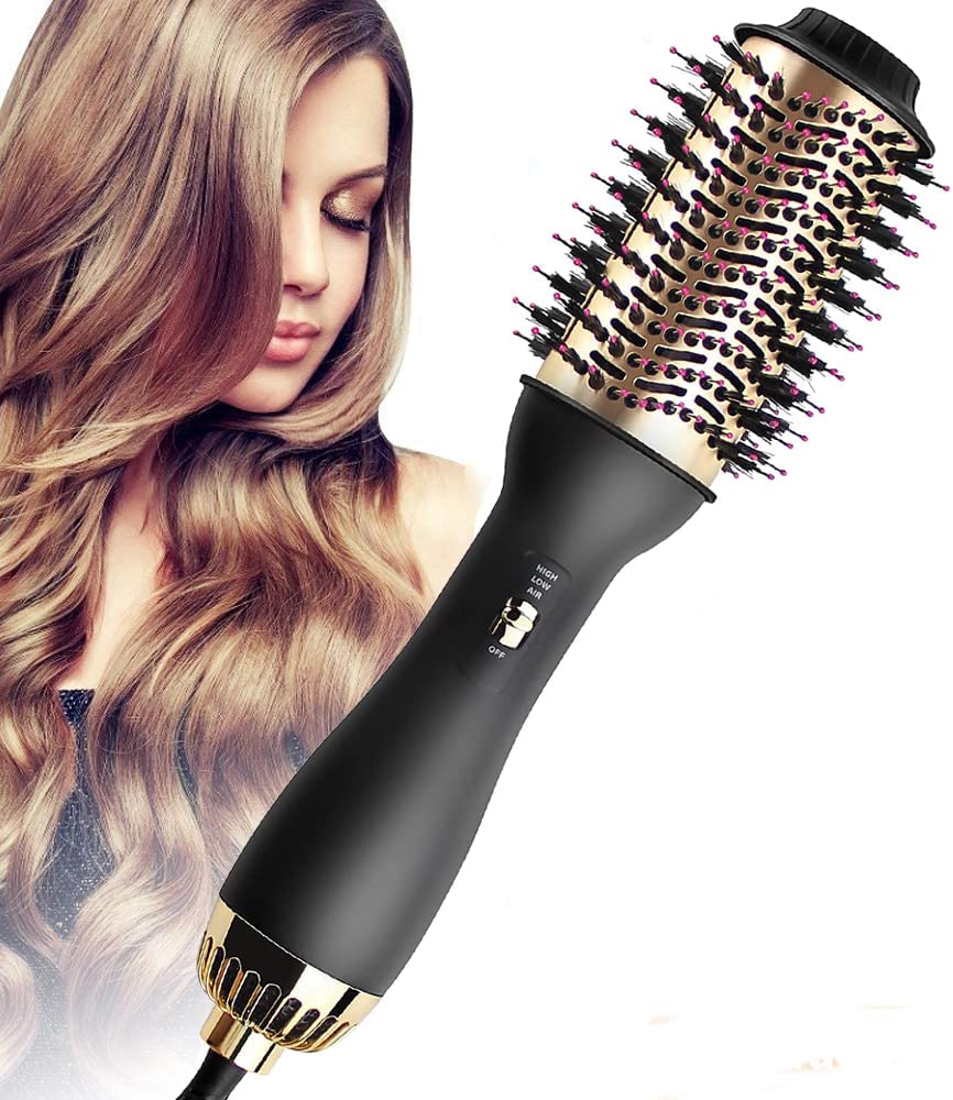 AU Plug Hot Air Brush 2.0, One Step Hair Dryer & Volumizer Hair Dryer & Volumizing Styler Comb 4-in-1 Negative Ion Straightening Brush Salon Hair Straightener Brush Curler for All Hair Types (Gold Head)