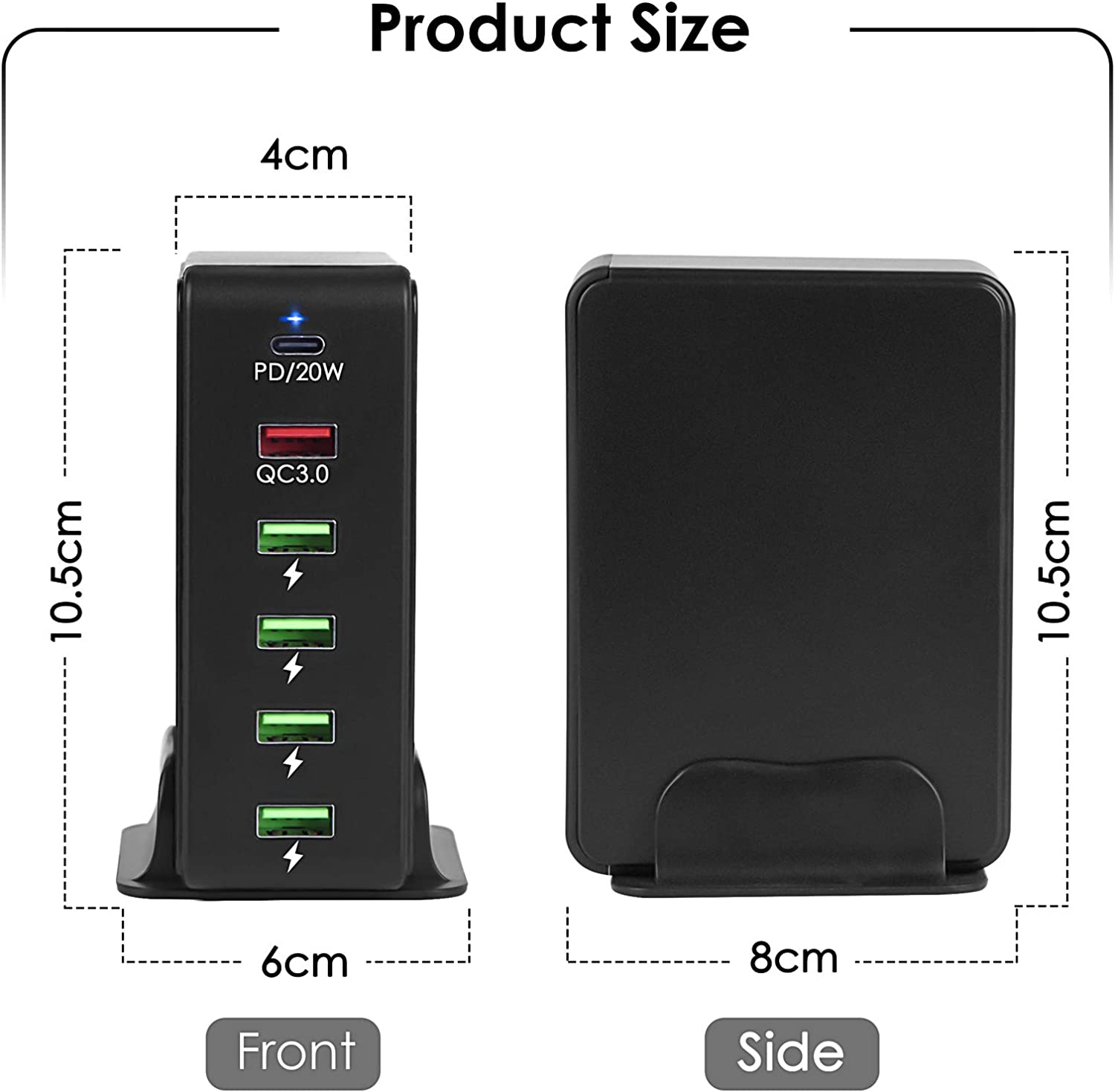 USB C Charger Dock, Total 65W 6-Port Wall Charger PD 20W + QC3.0 18W + 4X USB-A 5V/2.4A Charging Station Multi Ports Desktop Charger for iPhone 14/13/12/11, iPad, Galaxy S22/S21