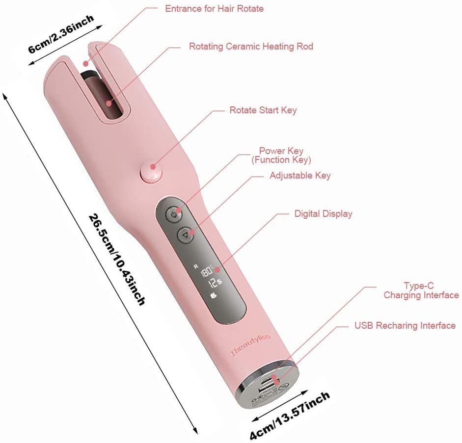 2020 Newest Wireless Automatic Hair Curler Cordless LED Display USB Rechargeable Auto Hair Beauty Tool For Different Curl Styles Anytime Anywhere(Pink)