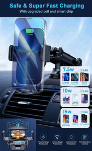 2022 Advanced Car Phone Holder, 15W Fast Wireless Car Charger, Auto-Clamping Car Mount, Power Off Delay, Air Vent/Dashboard/Windscreen Mount Compatible with iPhone 14/13/12/11, Samsung S22/S21 etc.