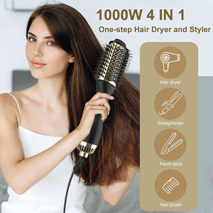 AU Plug Hot Air Brush 2.0, One Step Hair Dryer & Volumizer Hair Dryer & Volumizing Styler Comb 4-in-1 Negative Ion Straightening Brush Salon Hair Straightener Brush Curler for All Hair Types (Gold Head)