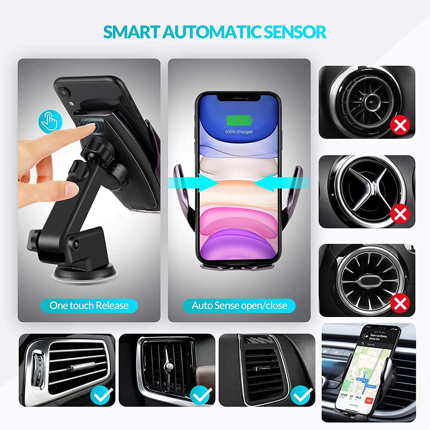 ZHONGHANG Smart Car Phone Holder Wireless Car Charger, 15W/10W/7.5