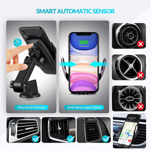 ZHONGHANG Smart Car Phone Holder Wireless Car Charger, 15W/10W/7.5W Qi Fast Charging & Magnetic Charging 2 in 1, Air Vent/Windshield/Dashboard Mount, Infrared Sensor Auto-Clamping for 4.7''-6.7'' Phone