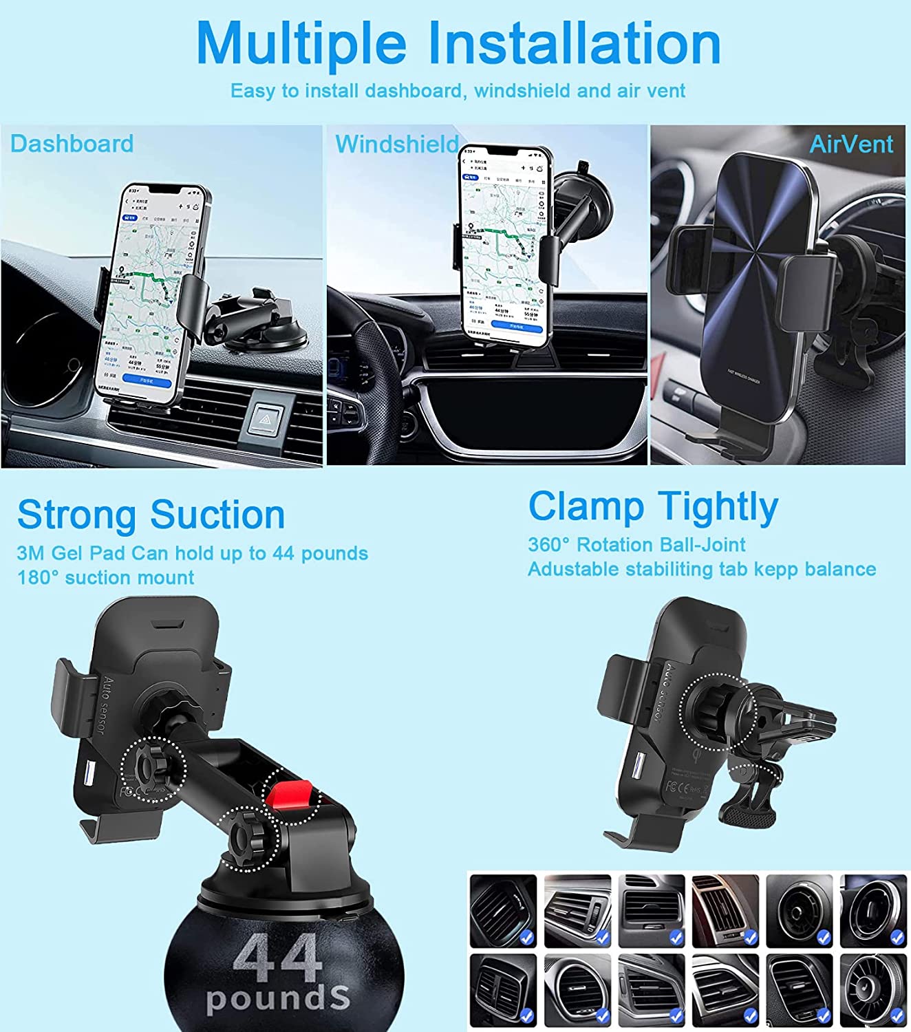 2022 Advanced Car Phone Holder, 15W Fast Wireless Car Charger, Auto-Clamping Car Mount, Power Off Delay, Air Vent/Dashboard/Windscreen Mount Compatible with iPhone 14/13/12/11, Samsung S22/S21 etc.