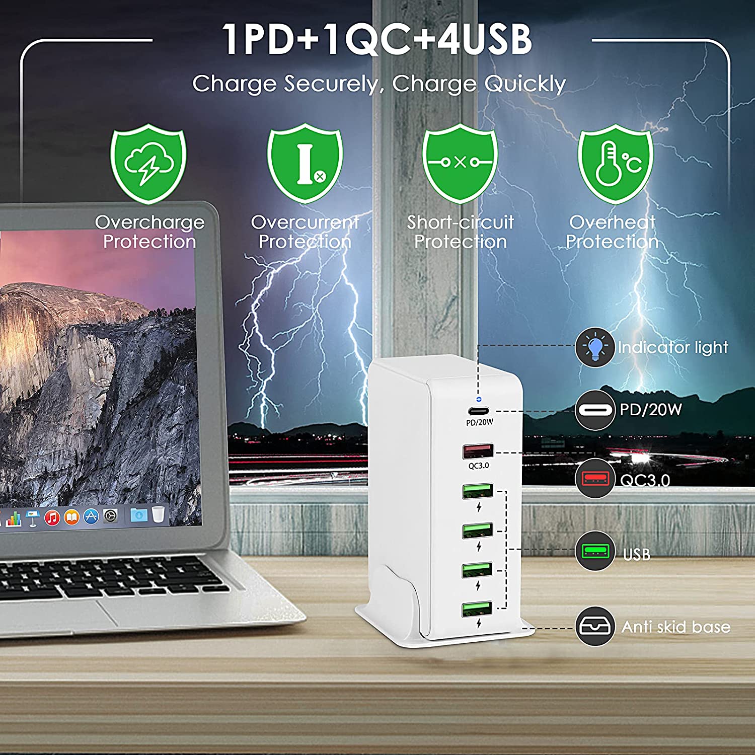 USB C Charger Dock, Total 65W 6-Port Wall Charger PD 20W + QC3.0 18W + 4X USB-A 5V/2.4A Charging Station Multi Ports Desktop Charger for iPhone 14/13/12/11, iPad, Galaxy S22/S21(AU Plug, 240V, White)